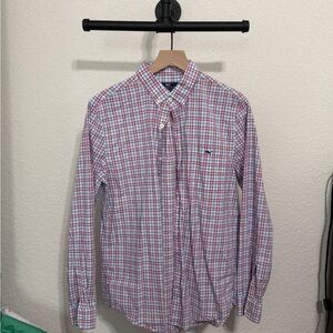 Vineyard Vines Men's Casual Pinkish Red and Blue Check Shirt
